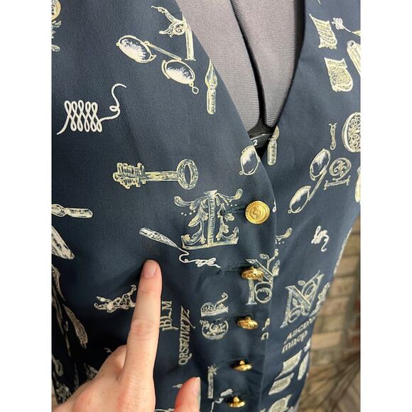 Liz Claiborne vest preppy blue white vintage 1980s novelty print steampunk - Picture 4 of 11